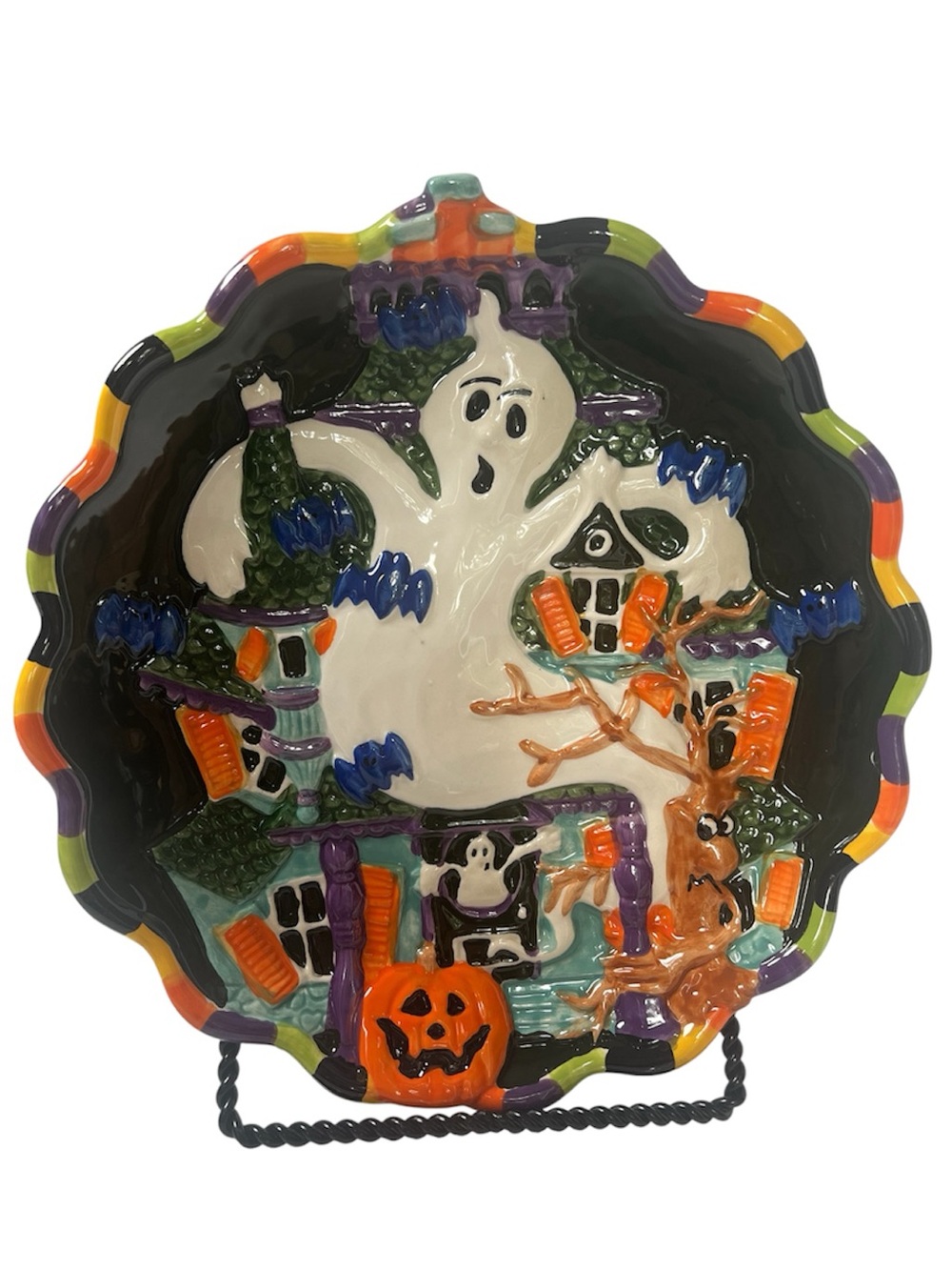Vintage Halloween Theme Multicolored Serving Plate with Haunted House/Ghost/Bats
